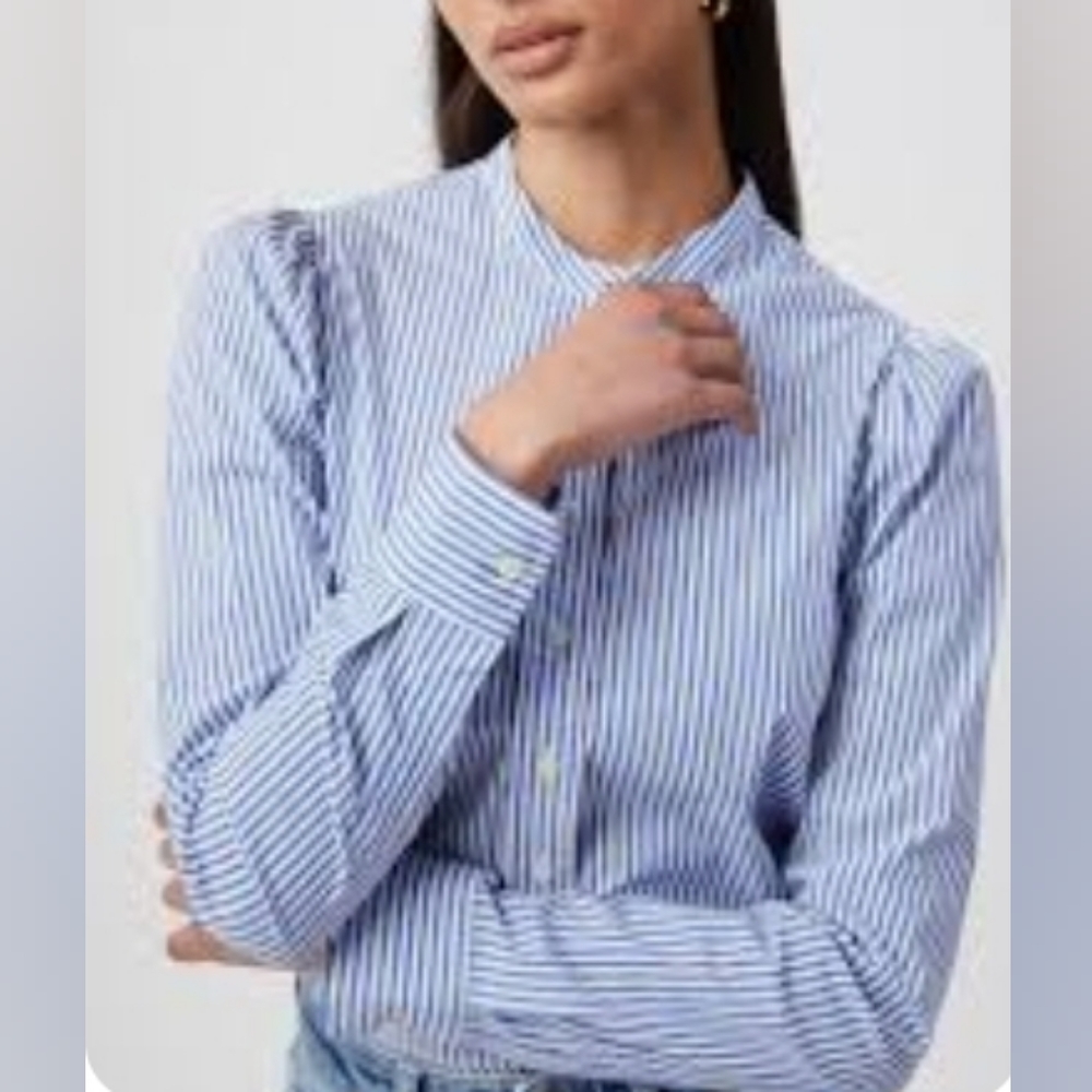 Treasure and Bond Puff Sleeve Blue White Striped Button Down Blouse